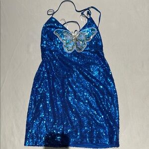 NEW! Lulu's Mini Dress - Blue Sequin Chemise with Butterfly Accent